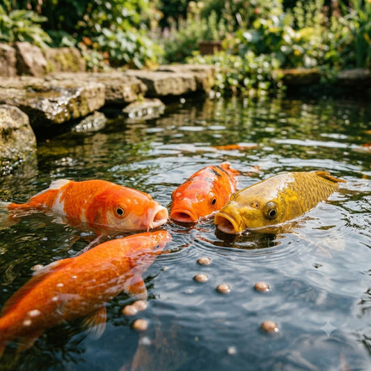 Fische füttern im Sommer – Teichfische an der Wasseroberfläche beim Fressen